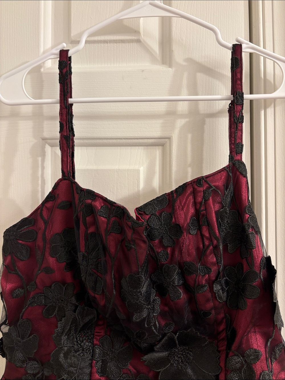 Sugar Thrillz Burgundy and Black Floral Appliqué Mini Dress - Picture 2 of 10